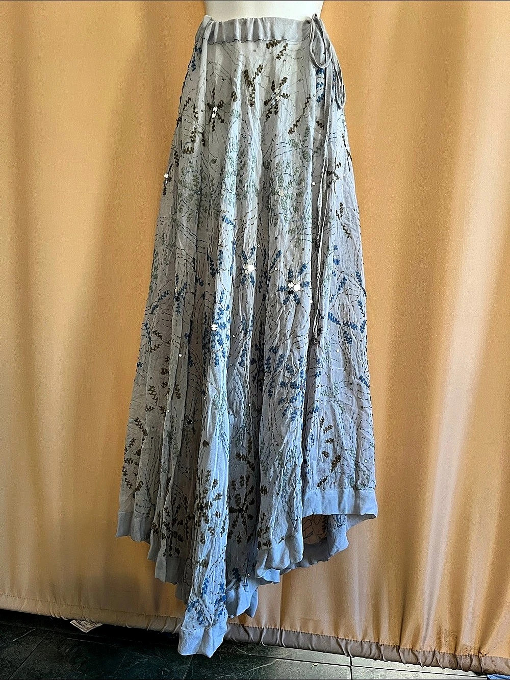 Chan Luu Floral Embroidered Maxi Skirt in Gray & Blue